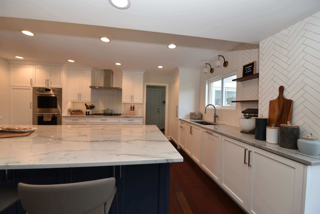 Glenview white custom kitchen blue island quartzite counters