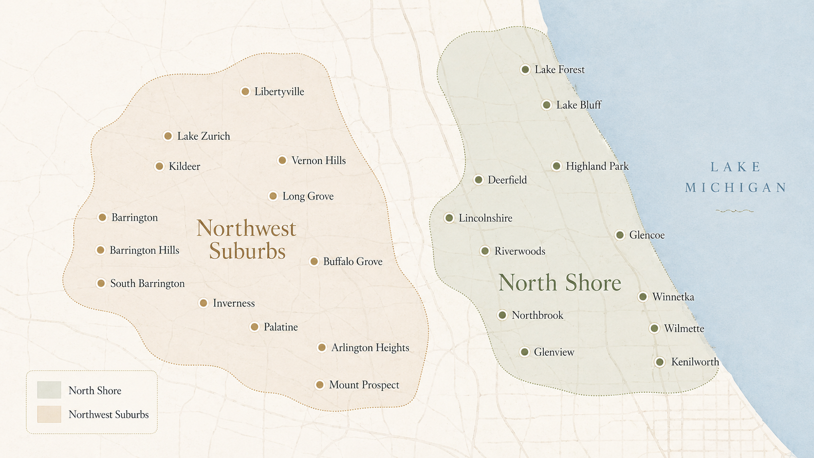 Map of Chicago suburbs service areas showing North Shore and Northwest Suburbs