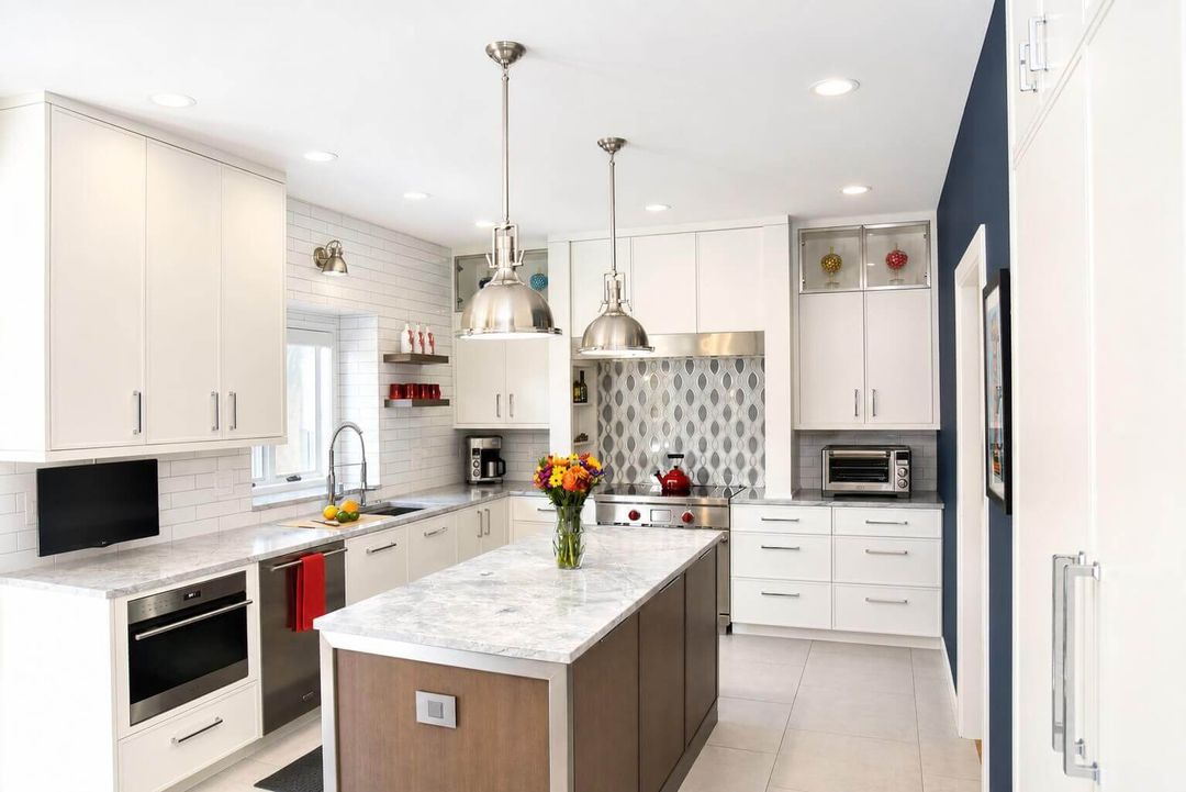 Modern two toned kitchen with Wolf speed oven - Northwest Suburbs kitchen design by Kelly Thayer Design