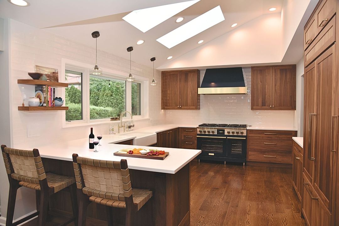 North Shore luxury walnut kitchen Blue Star appliances design by Kelly Thayer