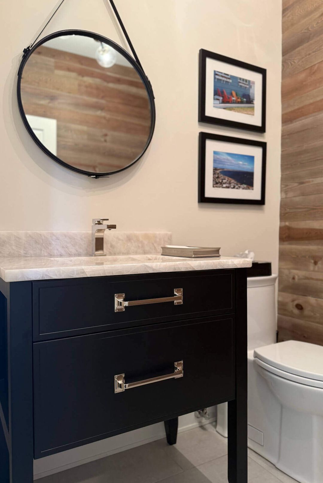 Northwest Suburbs bathroom remodel with black vanity, marble countertop, and shiplap wall – Kelly Thayer Design