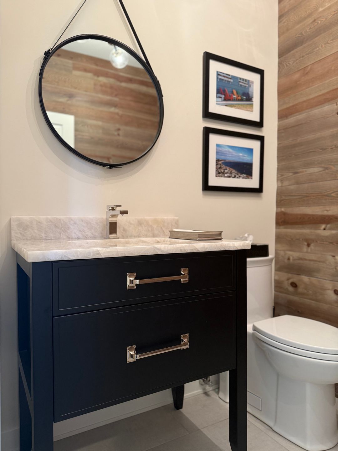 Northwest Suburbs bathroom remodel with black vanity, marble countertop, and shiplap wall – Kelly Thayer Design