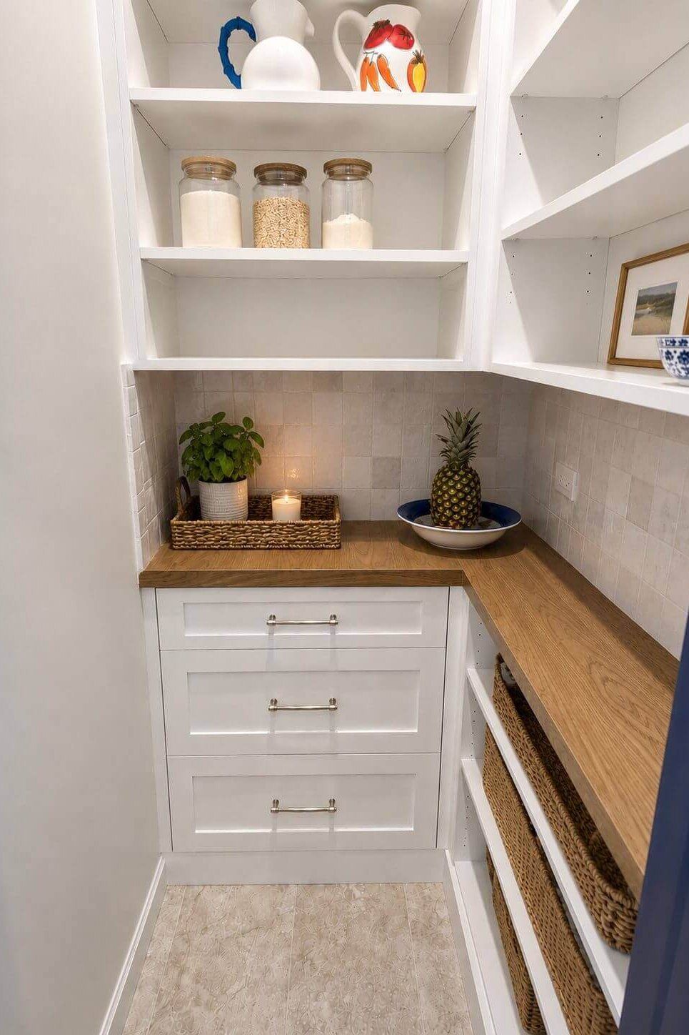 Walk-in pantry with white shaker cabinets, butcher block countertop, open shelving, and woven basket storage - Kelly Thayer Design