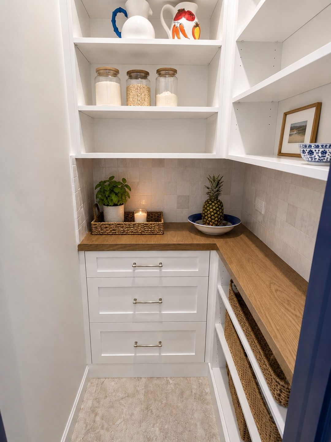 Walk-in pantry with white shaker cabinets, butcher block countertop, open shelving, and woven basket storage - Kelly Thayer Design