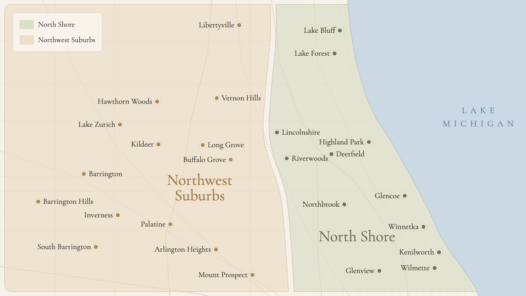 Map of Chicago suburbs service areas showing North Shore and Northwest Suburbs